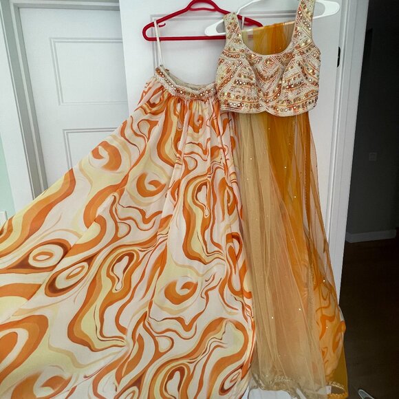 White & Orange Lehenga with Ombré Dupatta – Size Small - Picture 2 of 6